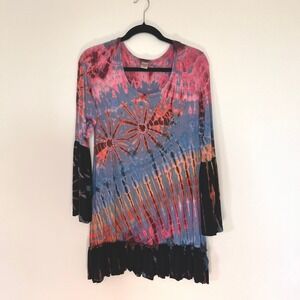 Kathmandu Imports Tie Dye Bell Sleeve Ruffle Hem Festival Boho Dress  M L